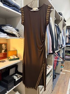 Michael Kors Chocolate Brown Midi Dress with Gold Studs